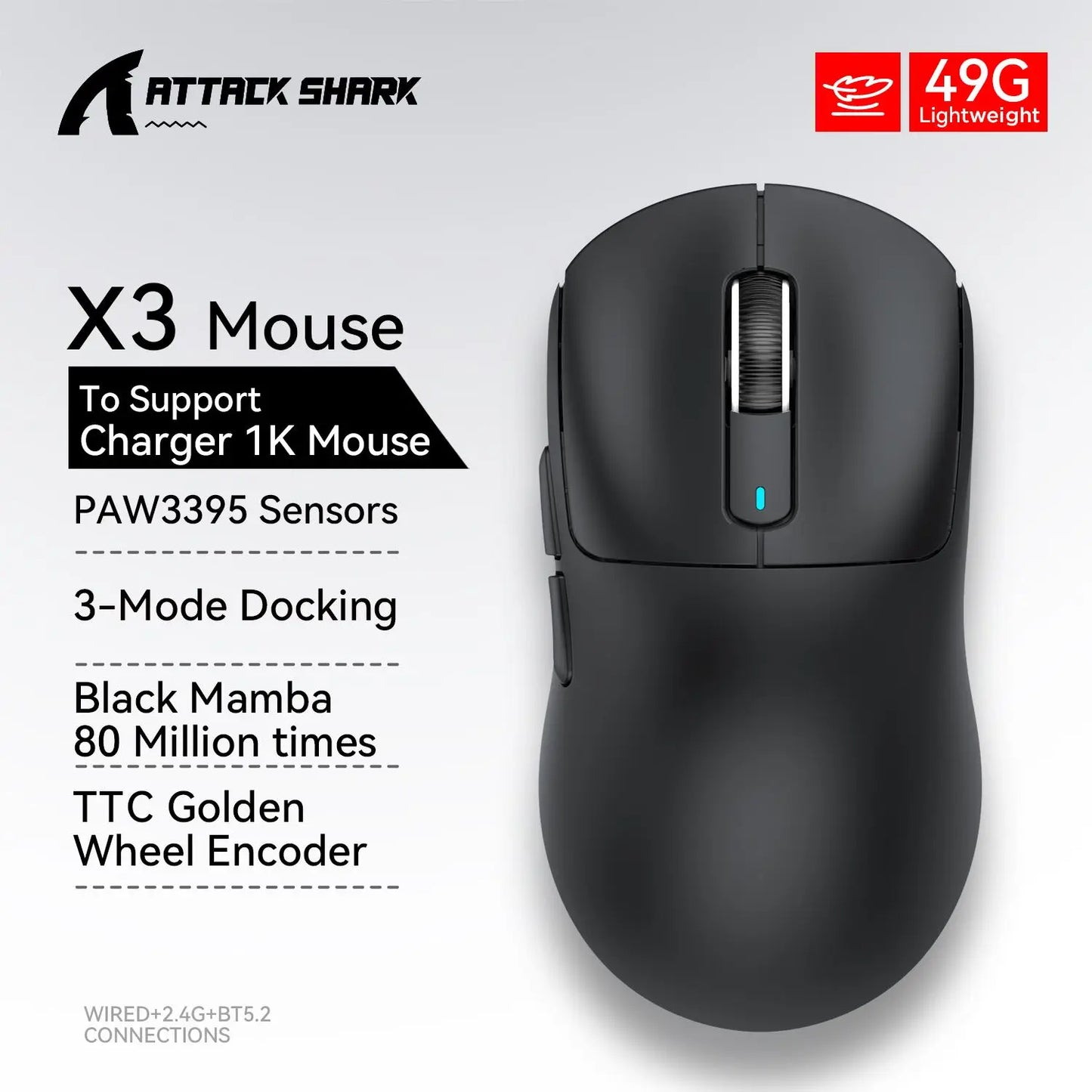 Attack Shark X3Pro / X3 Wireless Gaming Mouse | 26000 DPI PAW3395 Sensor | Tri-Mode Connection | 4K Polling Rate | 59g Ultra Lightweight