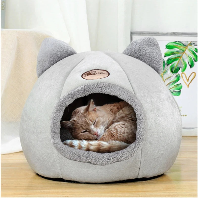 Winter Warm Cat Bed – Cozy Cat Cave Tent with Removable Cushion Pillow | Cute Cat Head Shape Pet Bed