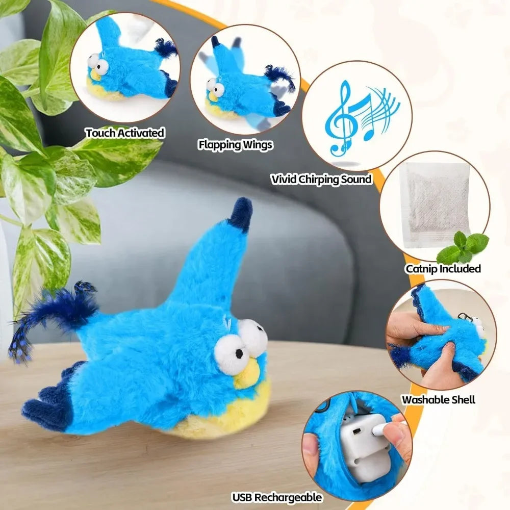 Interactive Cat Toy – Rechargeable Chirping Flapping Bird with Catnip | Touch-Activated Plush Toy for Indoor Cats