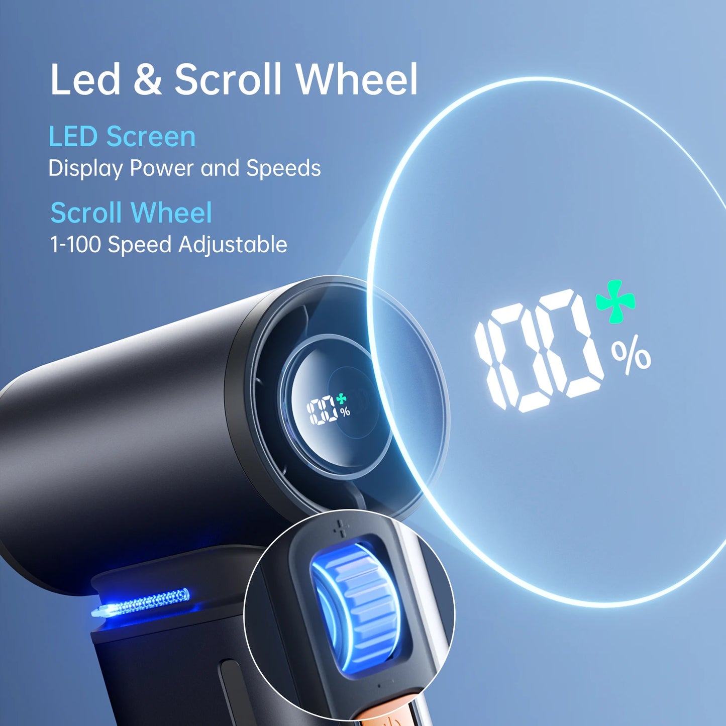 JISULIFE Portable Turbo Handheld Fan – 100 Adjustable Wind Speeds, 9000mAh Rechargeable Battery with LED Display for Outdoor & Camping