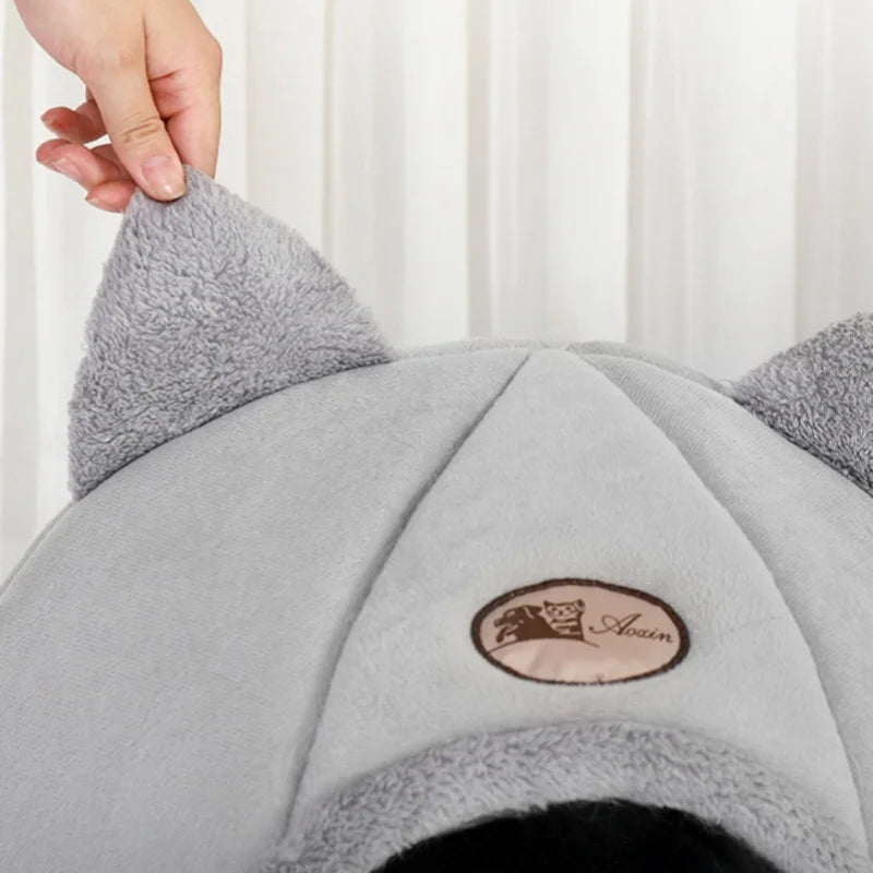 Winter Warm Cat Bed – Cozy Cat Cave Tent with Removable Cushion Pillow | Cute Cat Head Shape Pet Bed