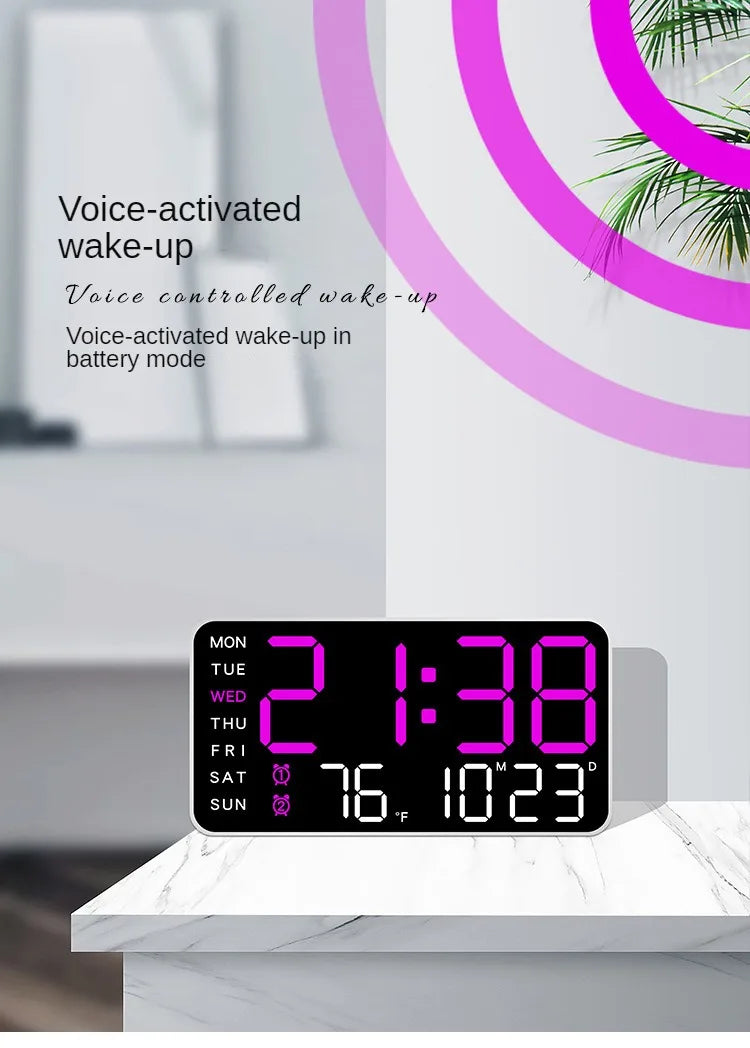 LED Digital Wall Clock – Temperature, Date & Week Display with Alarm, Voice Control & Adjustable Brightness