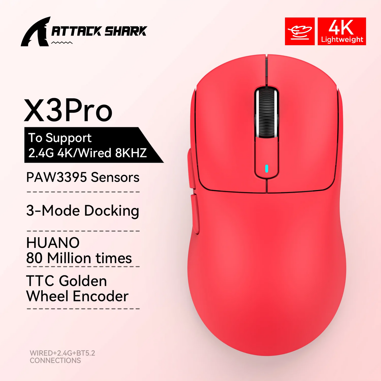 Attack Shark X3Pro / X3 Wireless Gaming Mouse | 26000 DPI PAW3395 Sensor | Tri-Mode Connection | 4K Polling Rate | 59g Ultra Lightweight