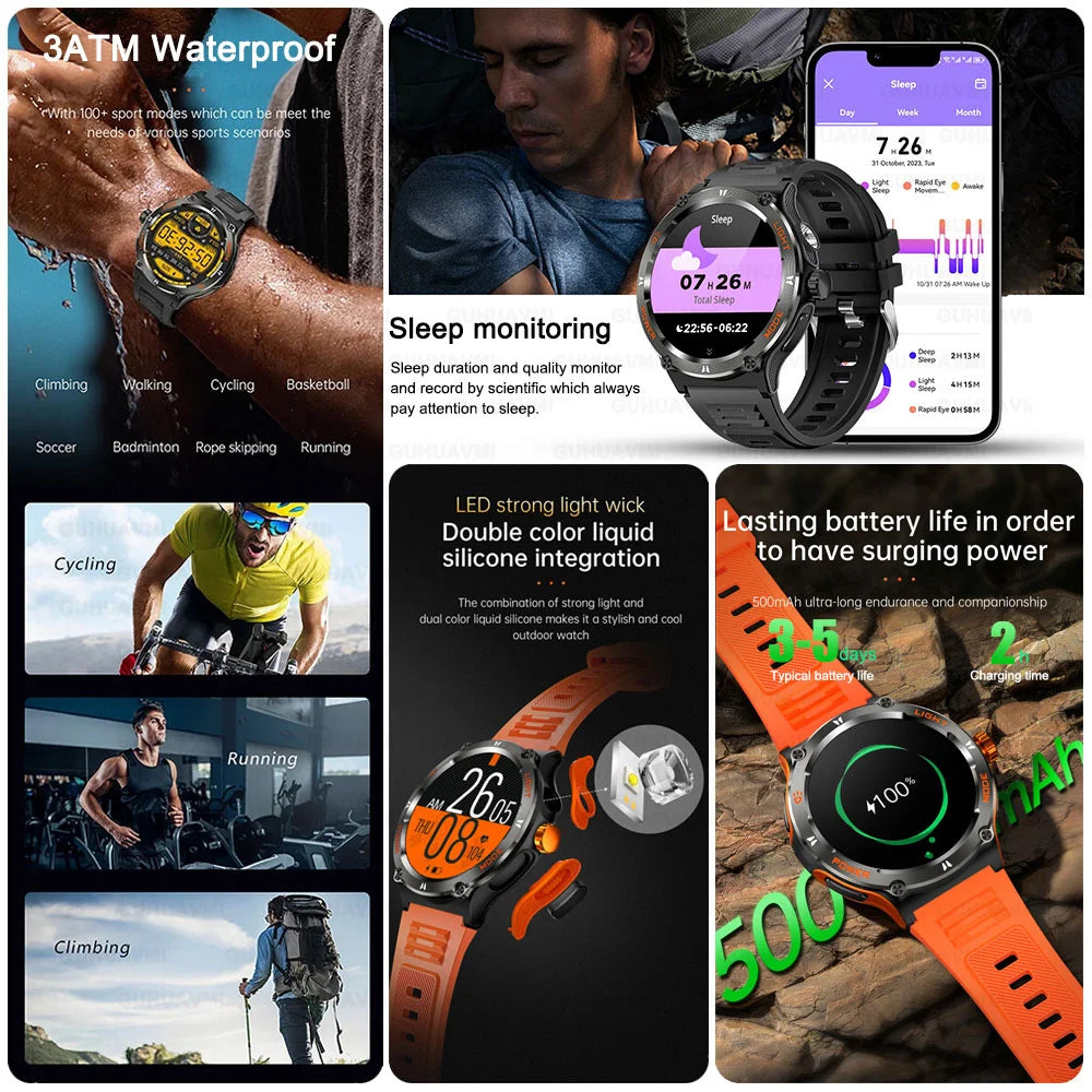 2024 New Outdoor Sport Smartwatch – GPS, Compass, LED Flashlight, 3ATM Waterproof, BT5.3 Call for Huawei & Xiaomi