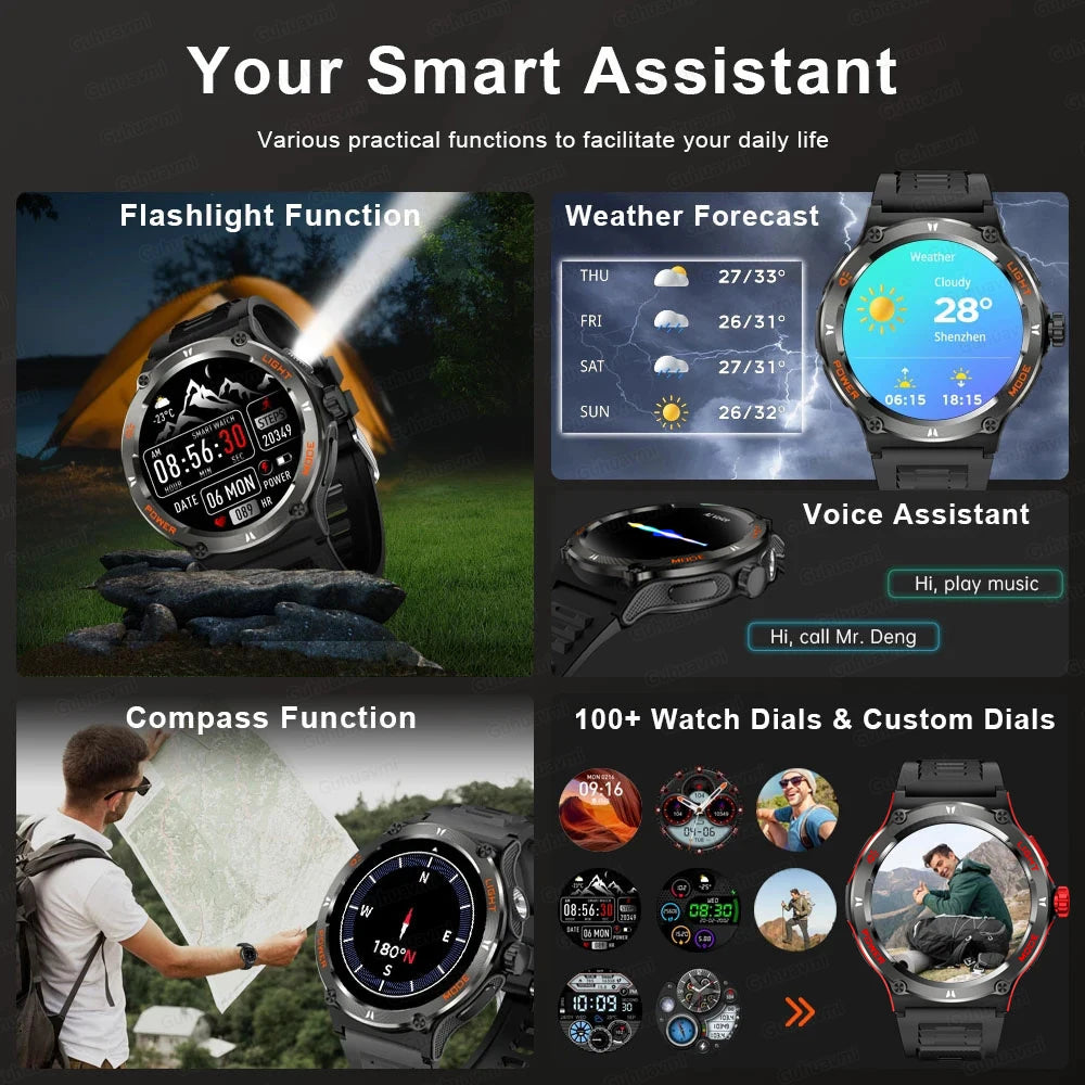 2024 New Outdoor Sport Smartwatch – GPS, Compass, LED Flashlight, 3ATM Waterproof, BT5.3 Call for Huawei & Xiaomi