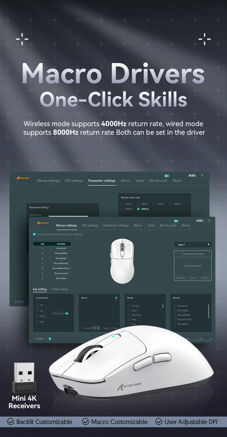 Attack Shark X3Pro / X3 Wireless Gaming Mouse | 26000 DPI PAW3395 Sensor | Tri-Mode Connection | 4K Polling Rate | 59g Ultra Lightweight
