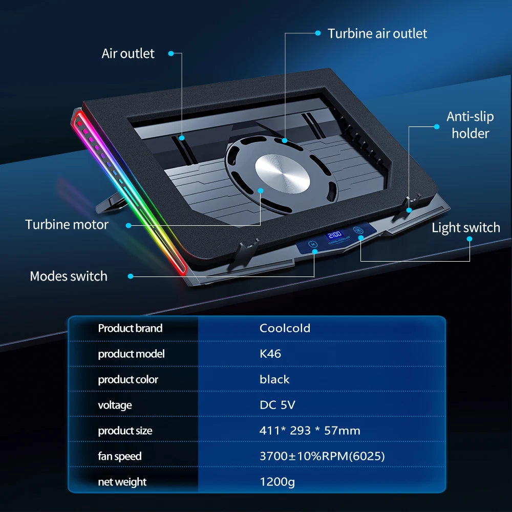 COOLCOLD Air Compression RGB Laptop Cooling Pad - Ultra-Quiet USB Cooler, Fast Heat Dissipation & Adjustable Stand