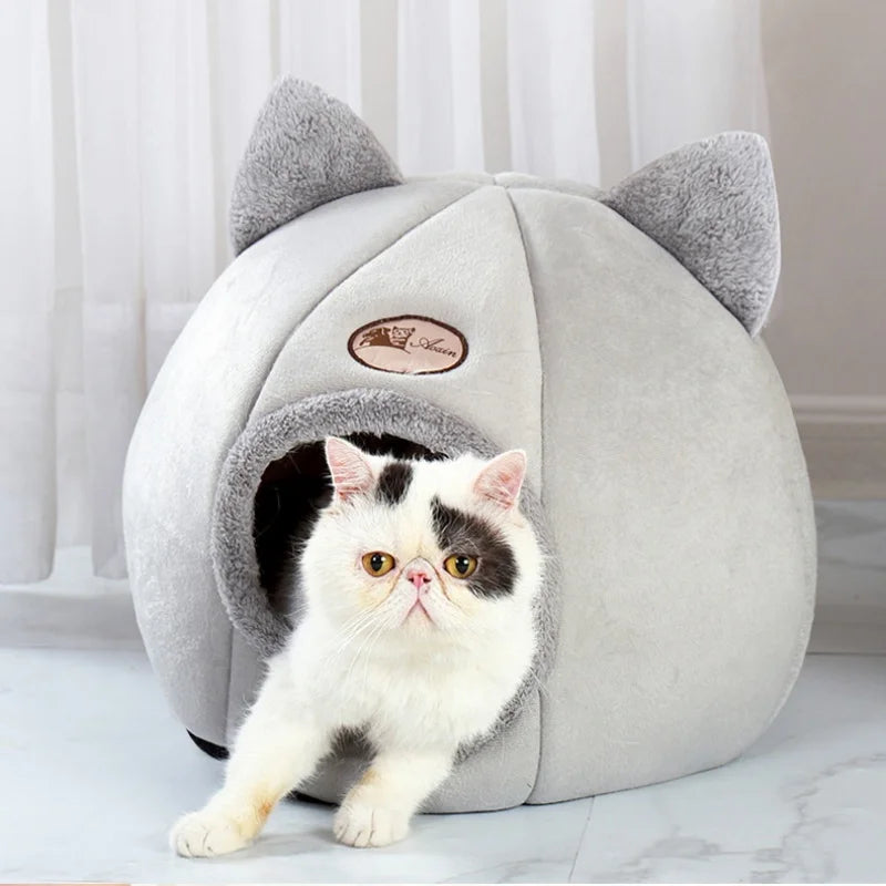 Winter Warm Cat Bed – Cozy Cat Cave Tent with Removable Cushion Pillow | Cute Cat Head Shape Pet Bed
