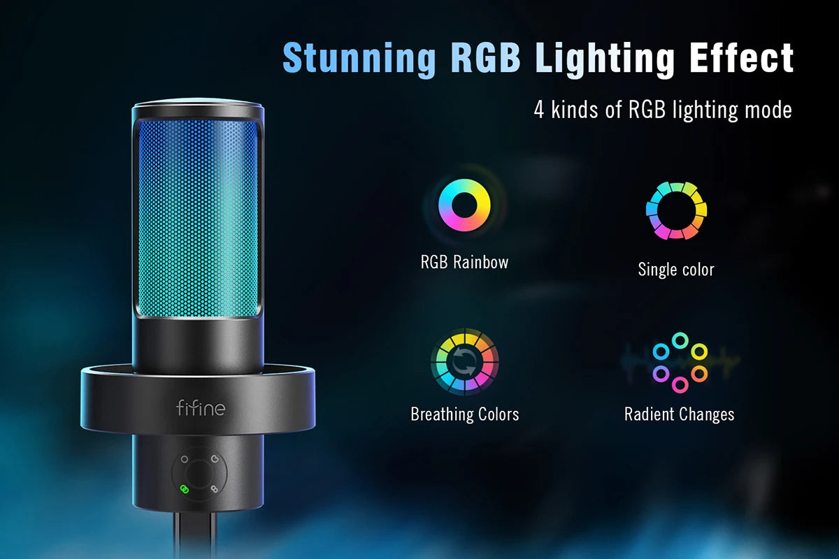 FIFINE AmpliGame A8 PLUS USB Microphone – RGB Lighting, 4 Polar Patterns, Gain Control, Live Monitoring, Mute Touch