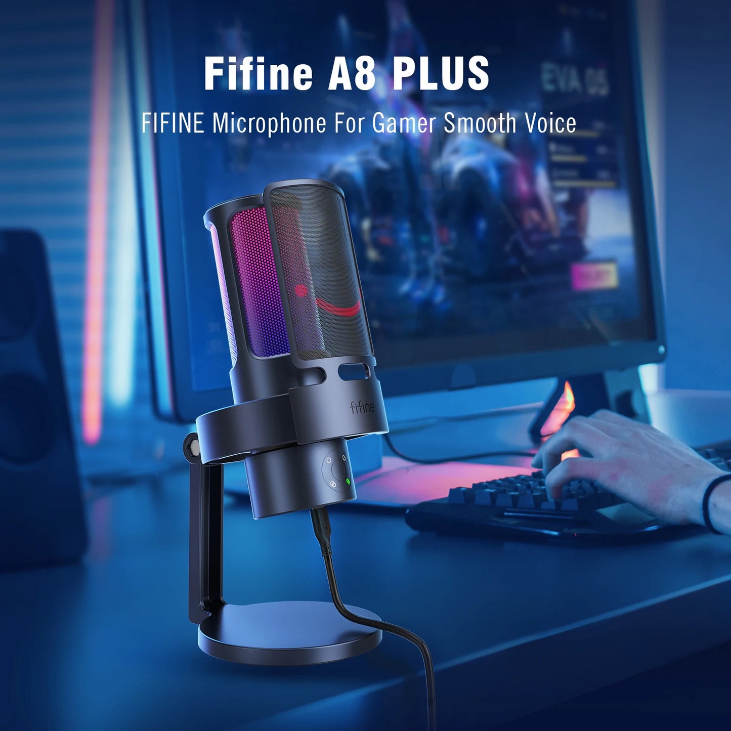 FIFINE AmpliGame A8 PLUS USB Microphone – RGB Lighting, 4 Polar Patterns, Gain Control, Live Monitoring, Mute Touch