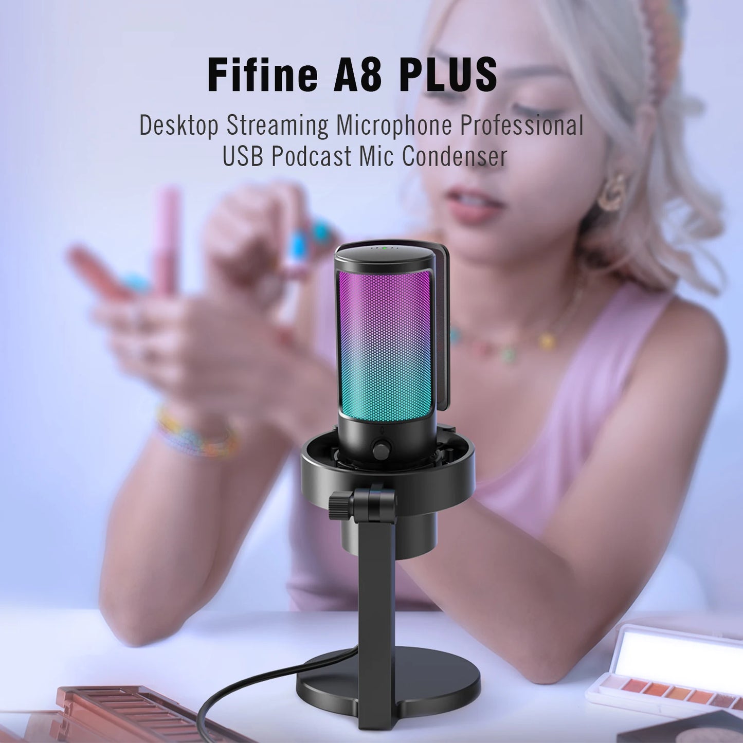 FIFINE AmpliGame A8 PLUS USB Microphone – RGB Lighting, 4 Polar Patterns, Gain Control, Live Monitoring, Mute Touch