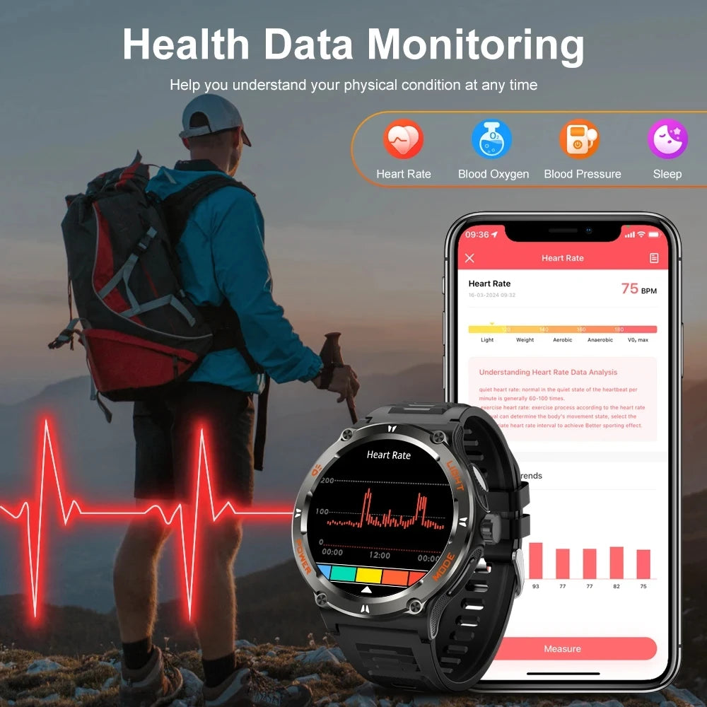 2024 New Outdoor Sport Smartwatch – GPS, Compass, LED Flashlight, 3ATM Waterproof, BT5.3 Call for Huawei & Xiaomi