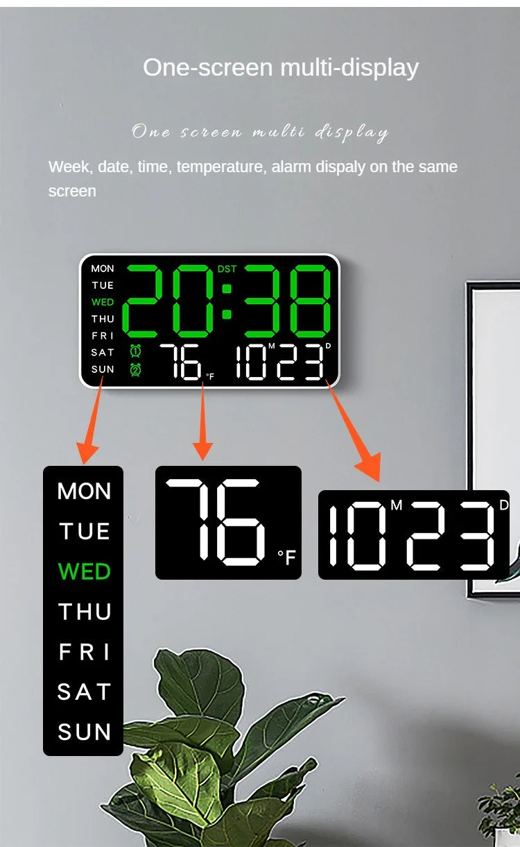LED Digital Wall Clock – Temperature, Date & Week Display with Alarm, Voice Control & Adjustable Brightness