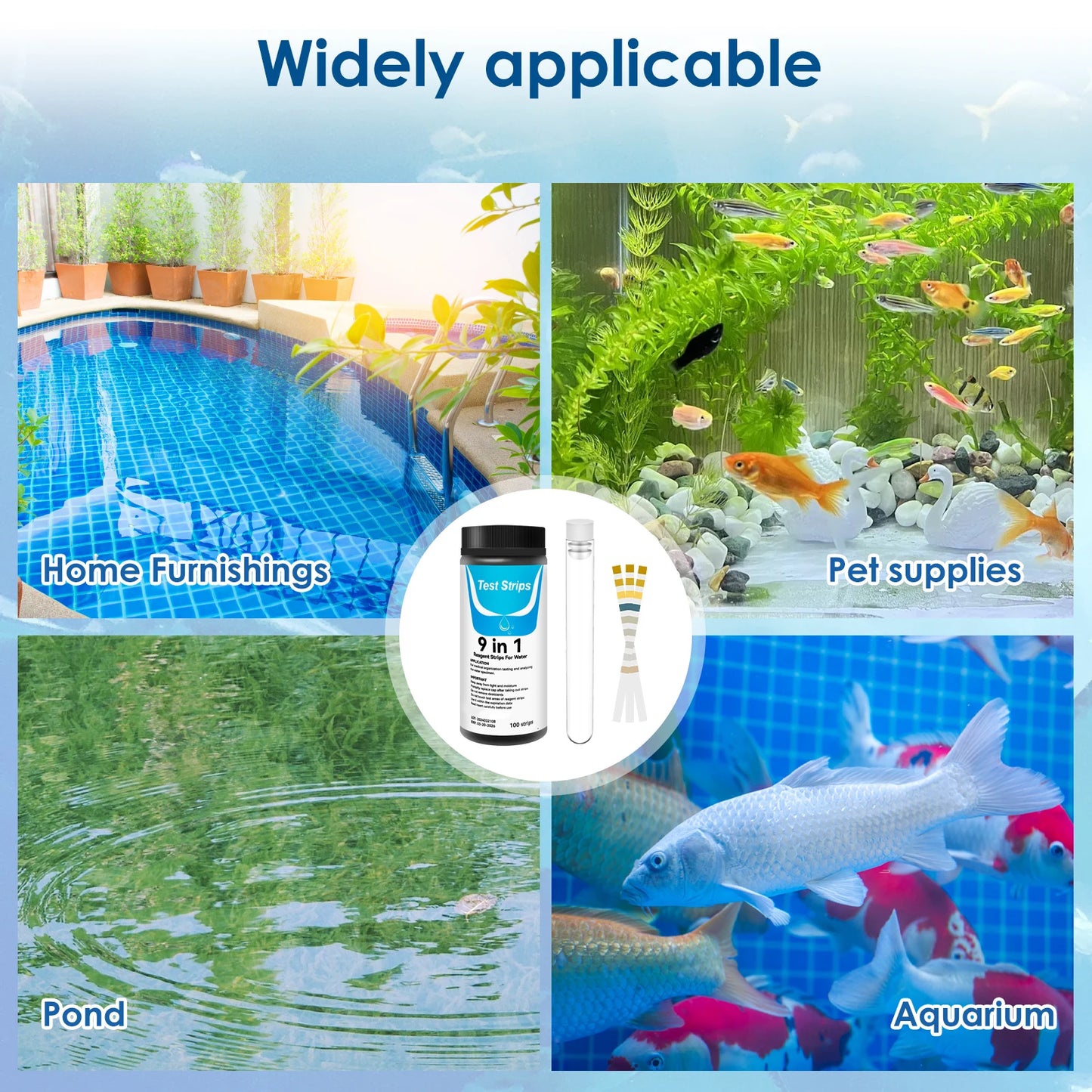 100 Pcs 9-in-1 / 7-in-1 Aquarium Test Kit – Fish Tank Water Quality Monitor with pH Test Strips, Fast & Accurate