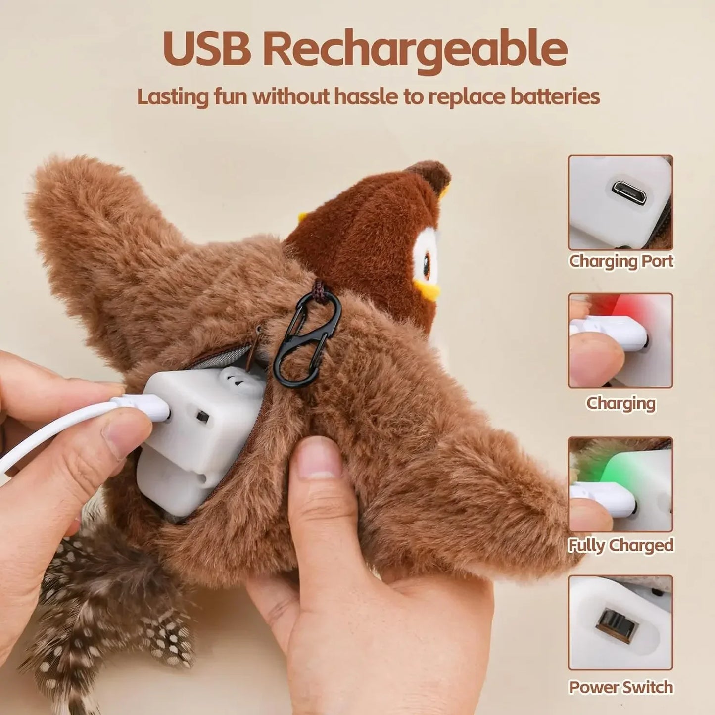 Interactive Cat Toy – Rechargeable Chirping Flapping Bird with Catnip | Touch-Activated Plush Toy for Indoor Cats