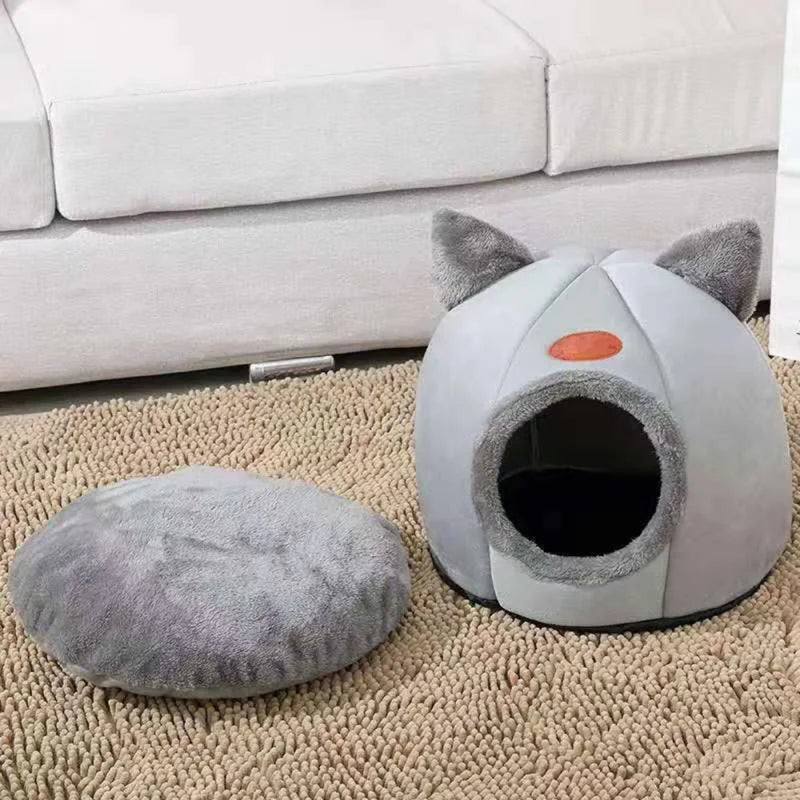 Winter Warm Cat Bed – Cozy Cat Cave Tent with Removable Cushion Pillow | Cute Cat Head Shape Pet Bed