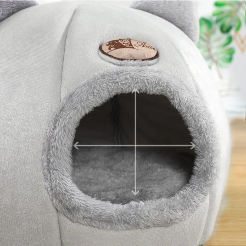 Winter Warm Cat Bed – Cozy Cat Cave Tent with Removable Cushion Pillow | Cute Cat Head Shape Pet Bed