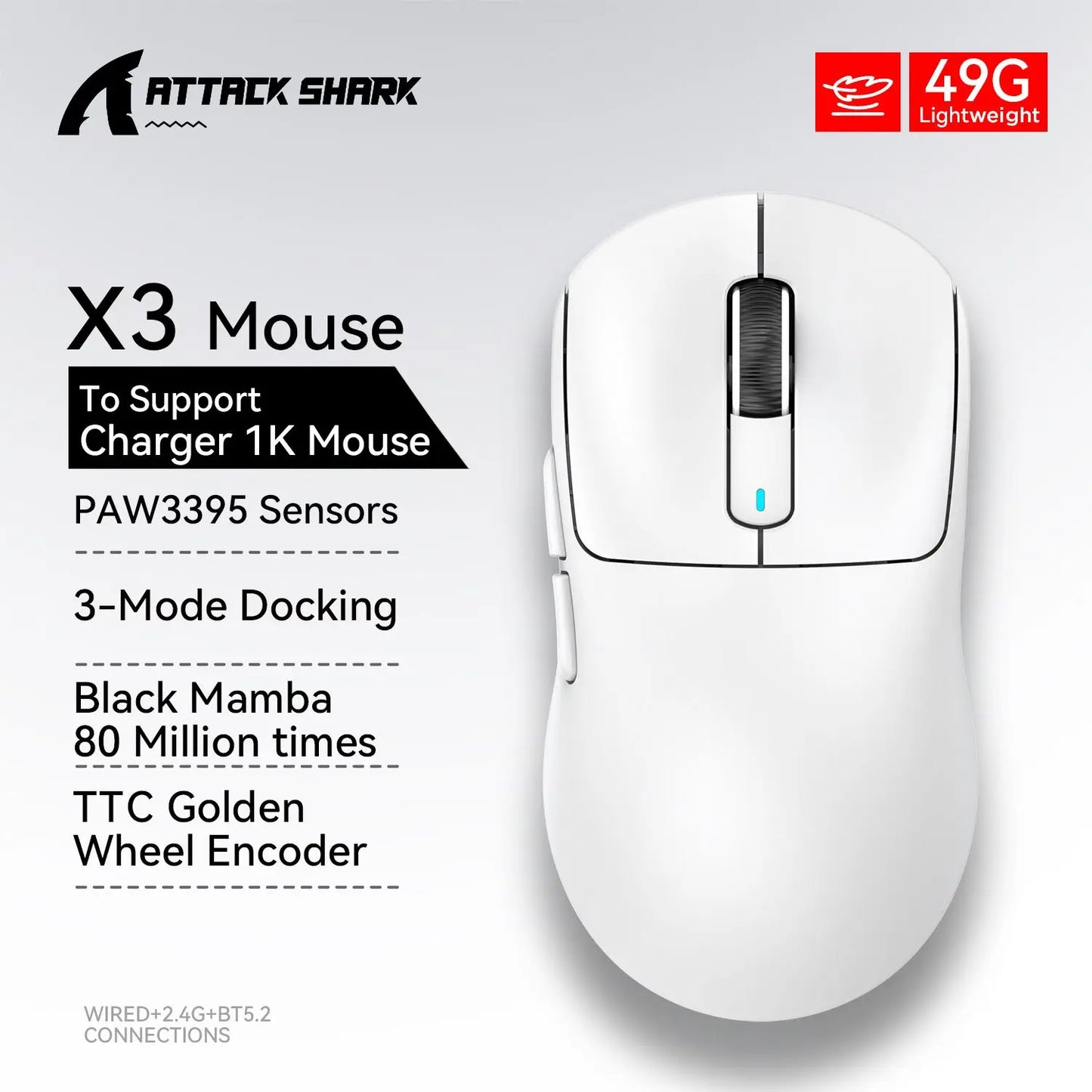 Attack Shark X3Pro / X3 Wireless Gaming Mouse | 26000 DPI PAW3395 Sensor | Tri-Mode Connection | 4K Polling Rate | 59g Ultra Lightweight