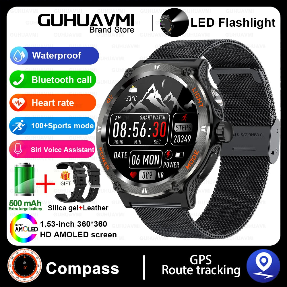 2024 New Outdoor Sport Smartwatch – GPS, Compass, LED Flashlight, 3ATM Waterproof, BT5.3 Call for Huawei & Xiaomi