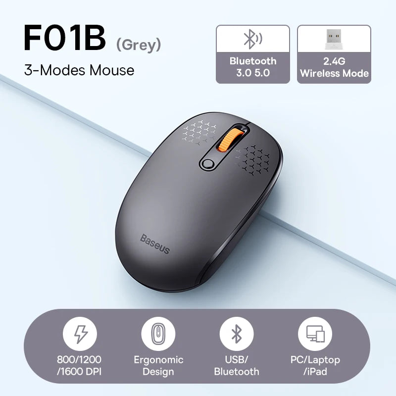 Baseus Wireless Bluetooth Mouse F01B | 3-Mode Connection (2.4G/BT5.0/BT3.0) | Ergonomic, Silent Click | for Laptop, Mac, PC