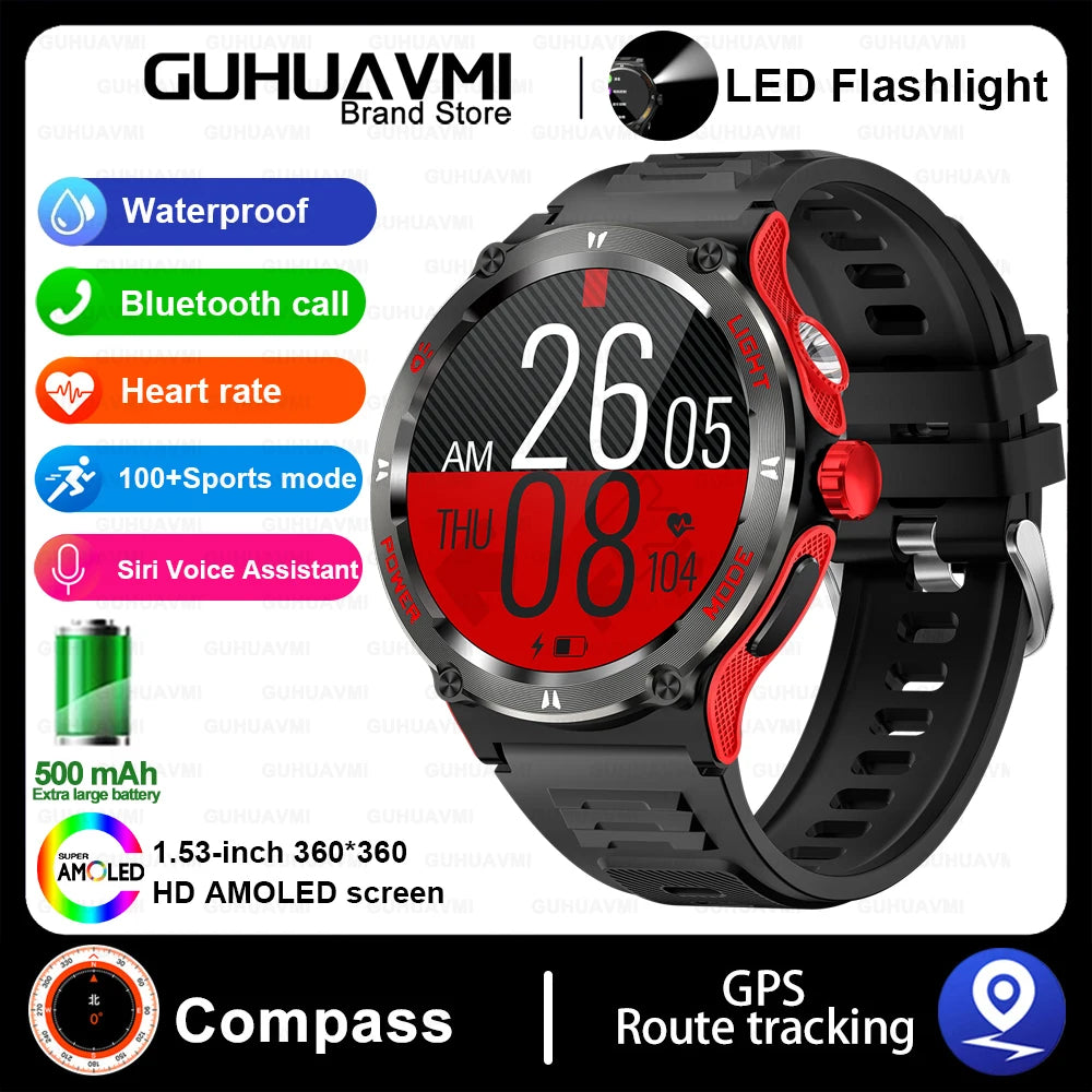 2024 New Outdoor Sport Smartwatch – GPS, Compass, LED Flashlight, 3ATM Waterproof, BT5.3 Call for Huawei & Xiaomi