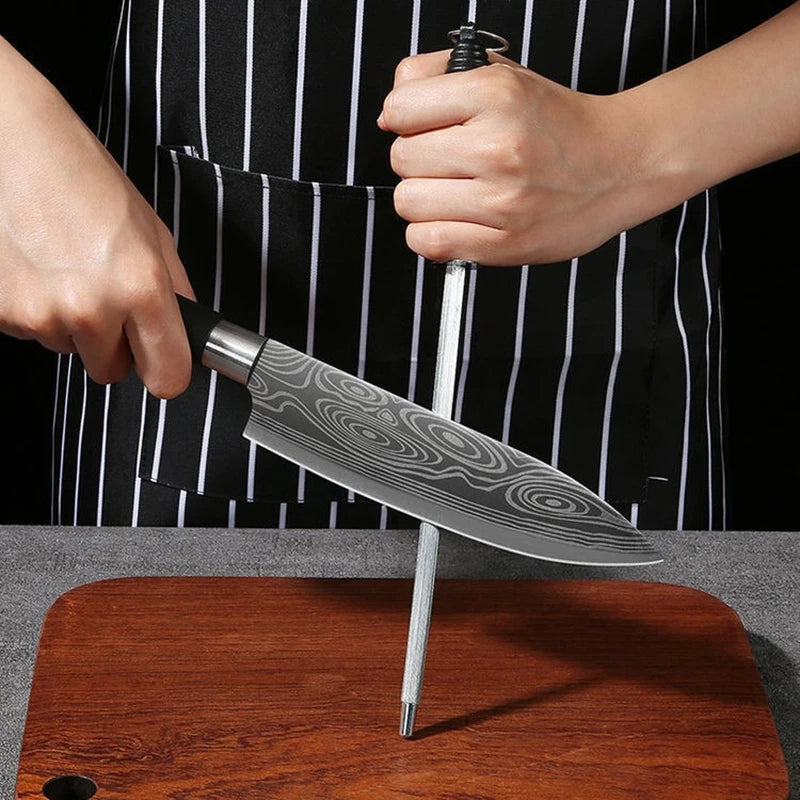 Laser Damascus Kitchen Knife & Scissors Set – Stainless Steel Sharp Chef Knives with Sharpening Rod for Cooking