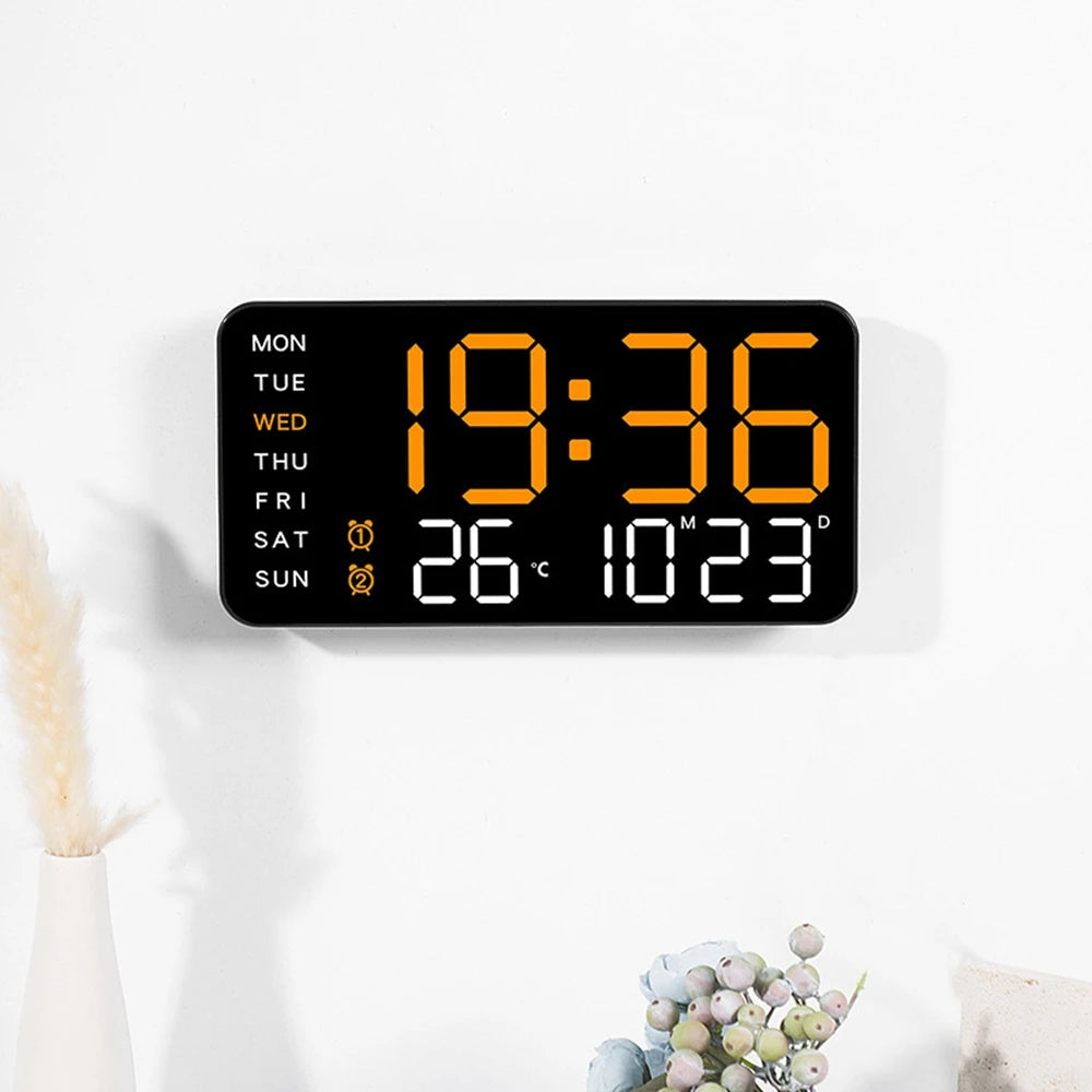 LED Digital Wall Clock – Temperature, Date & Week Display with Alarm, Voice Control & Adjustable Brightness