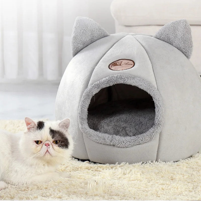 Winter Warm Cat Bed – Cozy Cat Cave Tent with Removable Cushion Pillow | Cute Cat Head Shape Pet Bed