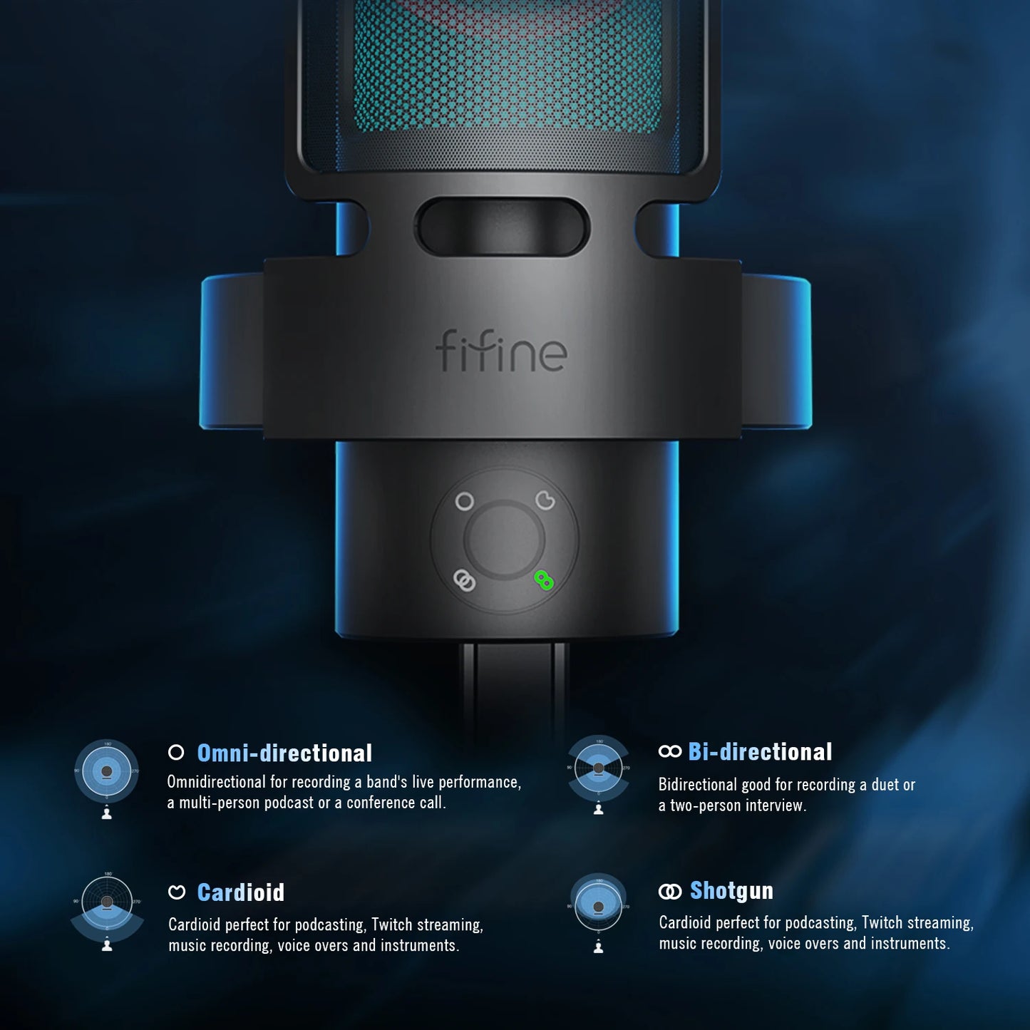 FIFINE AmpliGame A8 PLUS USB Microphone – RGB Lighting, 4 Polar Patterns, Gain Control, Live Monitoring, Mute Touch