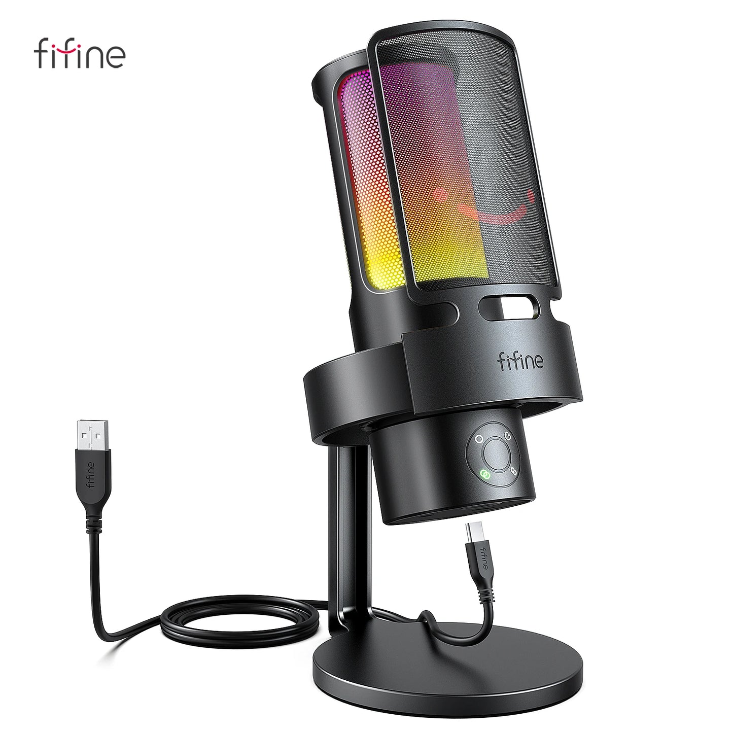FIFINE AmpliGame A8 PLUS USB Microphone – RGB Lighting, 4 Polar Patterns, Gain Control, Live Monitoring, Mute Touch
