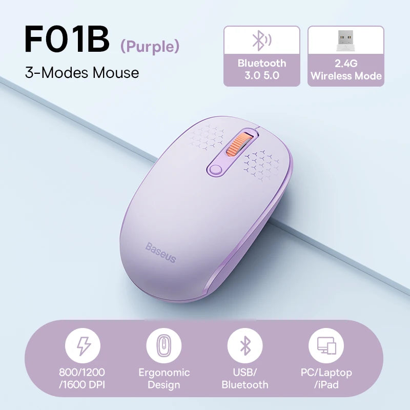 Baseus Wireless Bluetooth Mouse F01B | 3-Mode Connection (2.4G/BT5.0/BT3.0) | Ergonomic, Silent Click | for Laptop, Mac, PC