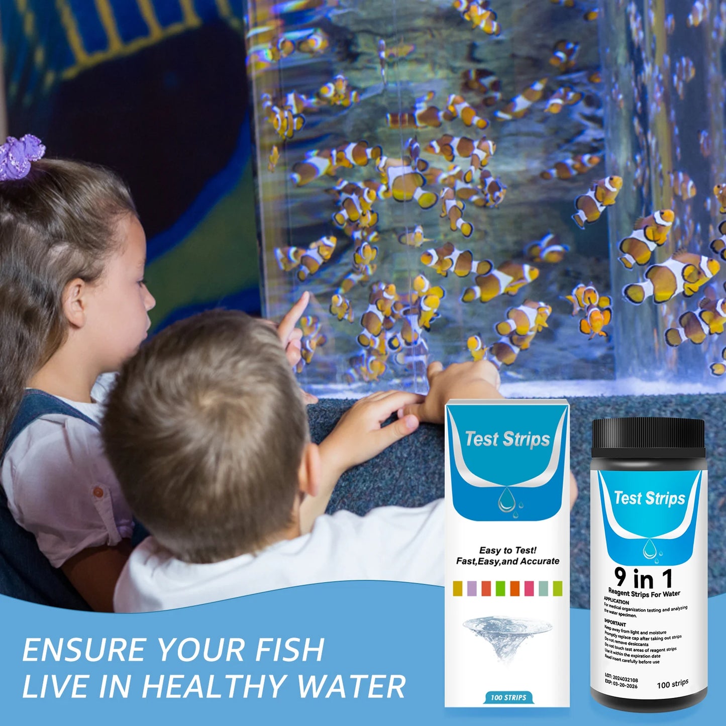 100 Pcs 9-in-1 / 7-in-1 Aquarium Test Kit – Fish Tank Water Quality Monitor with pH Test Strips, Fast & Accurate