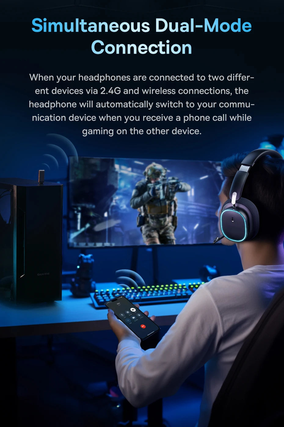 Baseus GH02 Wireless Gaming Headphones with Mic | Bluetooth 5.3, 40mm Drivers, RGB, 2.4G/Wired/BT – 40H Battery, Over-Ear Headset