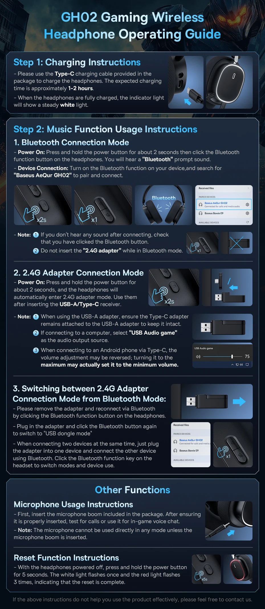 Baseus GH02 Wireless Gaming Headphones with Mic | Bluetooth 5.3, 40mm Drivers, RGB, 2.4G/Wired/BT – 40H Battery, Over-Ear Headset