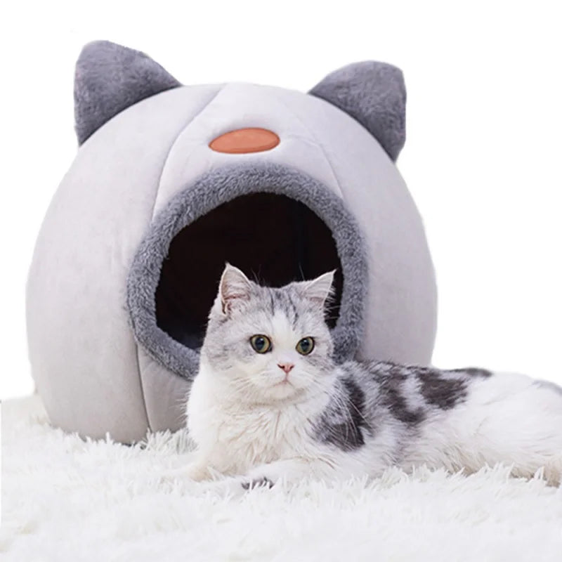 Winter Warm Cat Bed – Cozy Cat Cave Tent with Removable Cushion Pillow | Cute Cat Head Shape Pet Bed