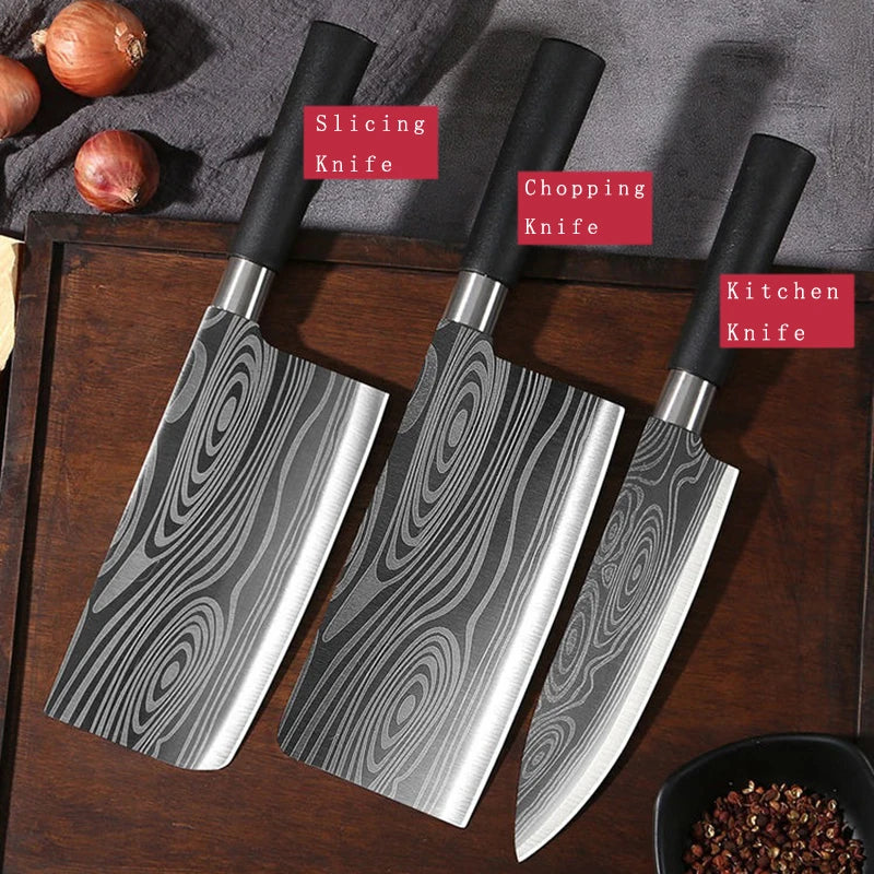 Laser Damascus Kitchen Knife & Scissors Set – Stainless Steel Sharp Chef Knives with Sharpening Rod for Cooking