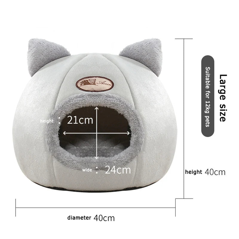 Winter Warm Cat Bed – Cozy Cat Cave Tent with Removable Cushion Pillow | Cute Cat Head Shape Pet Bed
