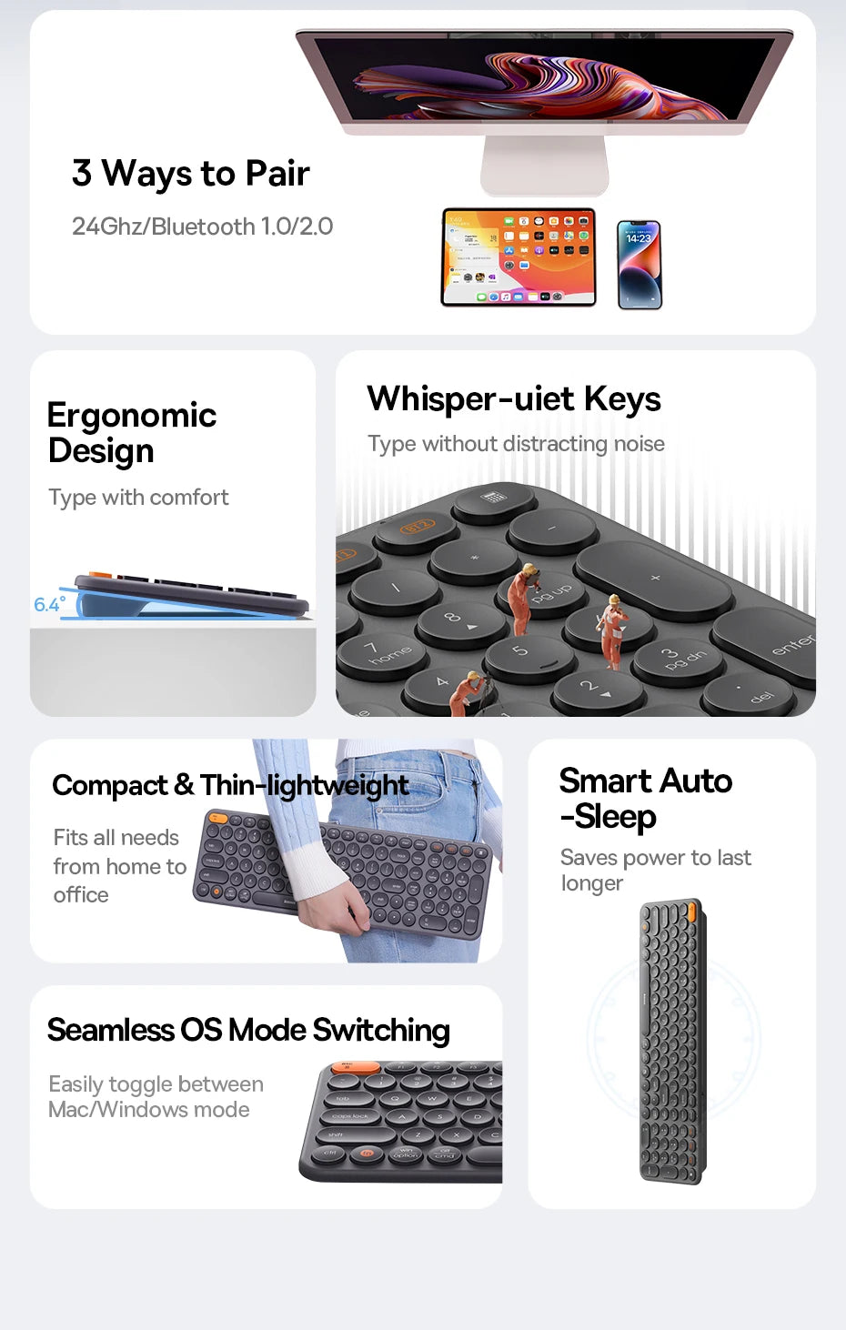 Baseus Wireless Bluetooth Mouse F01B | 3-Mode Connection (2.4G/BT5.0/BT3.0) | Ergonomic, Silent Click | for Laptop, Mac, PC