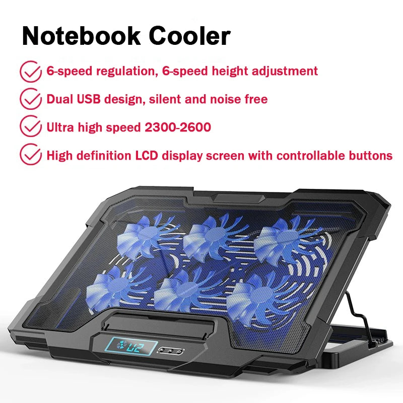 Gaming Laptop Cooling Pad – Large LED Stand with 6 High-Speed Fans (2300–2600 RPM) & Dual USB Ports for 12–18" Laptops