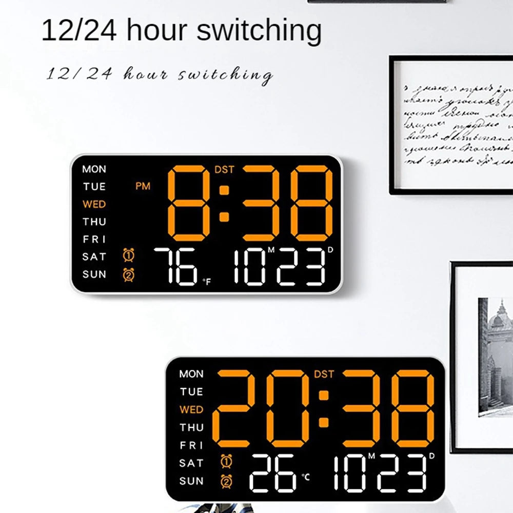 LED Digital Wall Clock – Temperature, Date & Week Display with Alarm, Voice Control & Adjustable Brightness