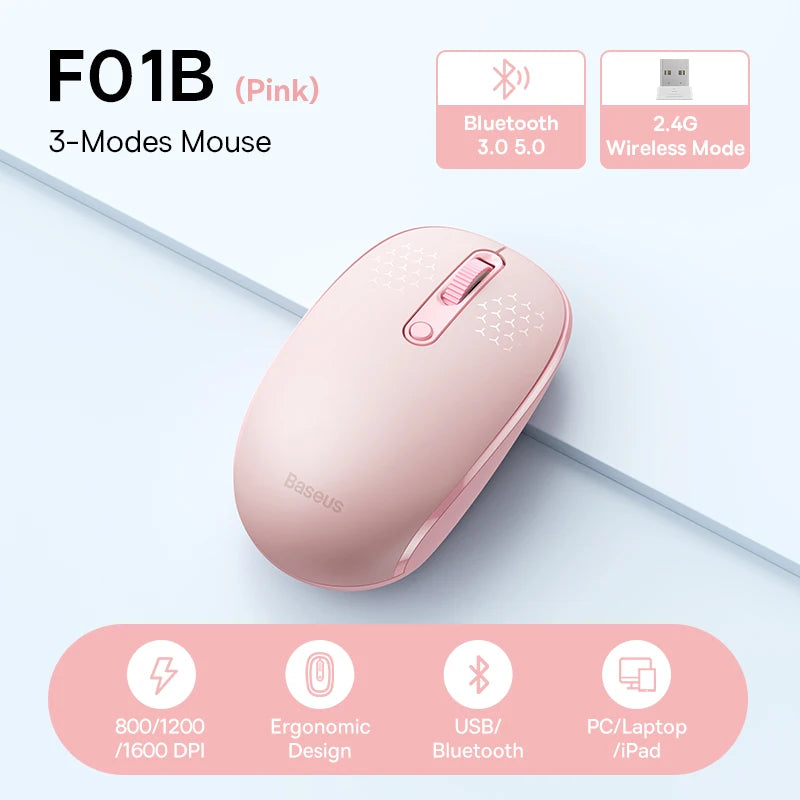Baseus Wireless Bluetooth Mouse F01B | 3-Mode Connection (2.4G/BT5.0/BT3.0) | Ergonomic, Silent Click | for Laptop, Mac, PC