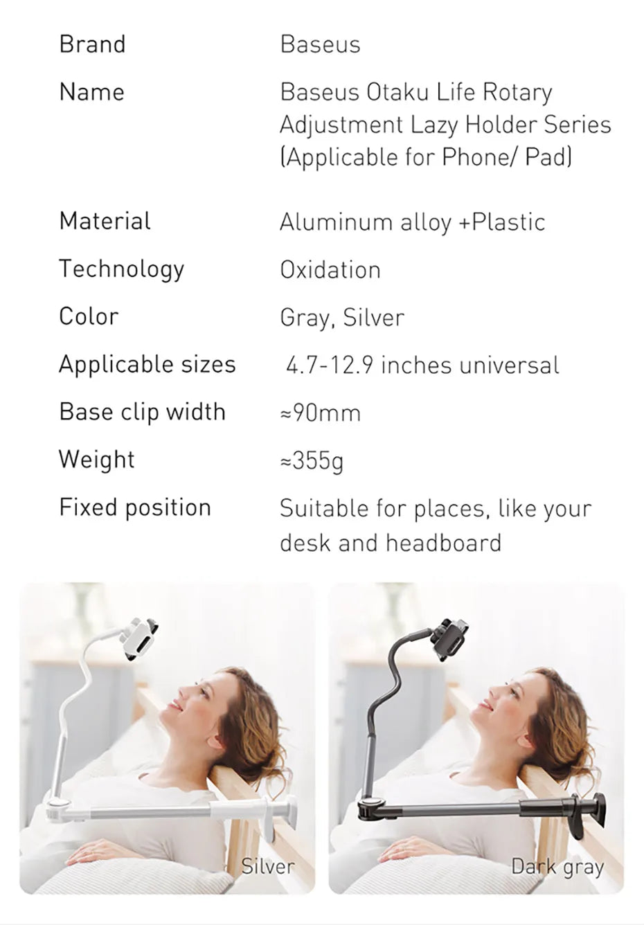 Baseus Universal Flexible Phone Holder – 360° Rotation Long Arm Stand for Bed, Desk, iPhone, iPad, Tablet