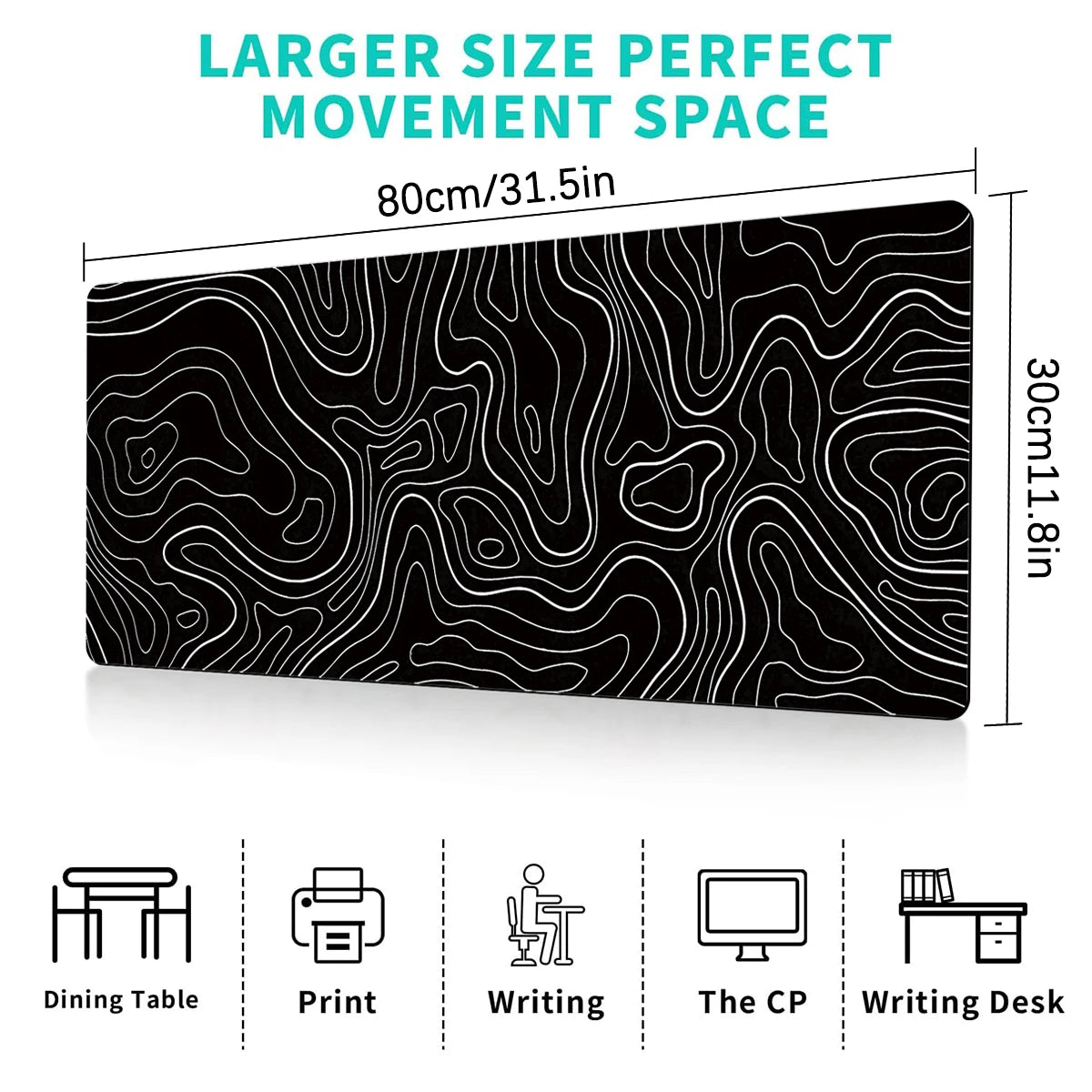 Large Gaming Mouse Pad – 31.5 x 11.8in Topographic Black & White Keyboard Pad with Anti-Slip Base