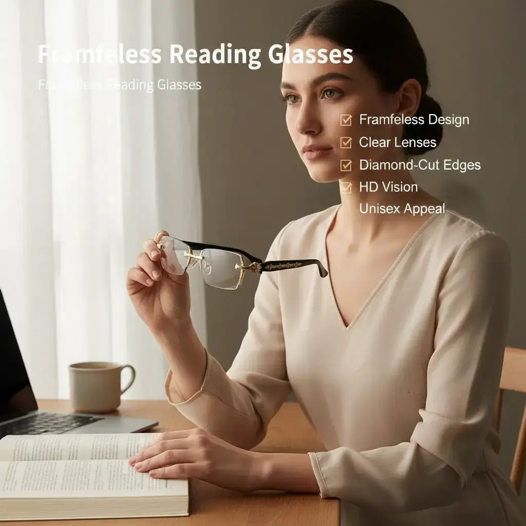 Frameless Reading Glasses with Clear Lenses, Diamond-Cut Edges & Fashion Metal Temple Decor, HD Vision for Reading, Computer Gaming, and Street Style, Unisex Women/Men Daily Springstatements
