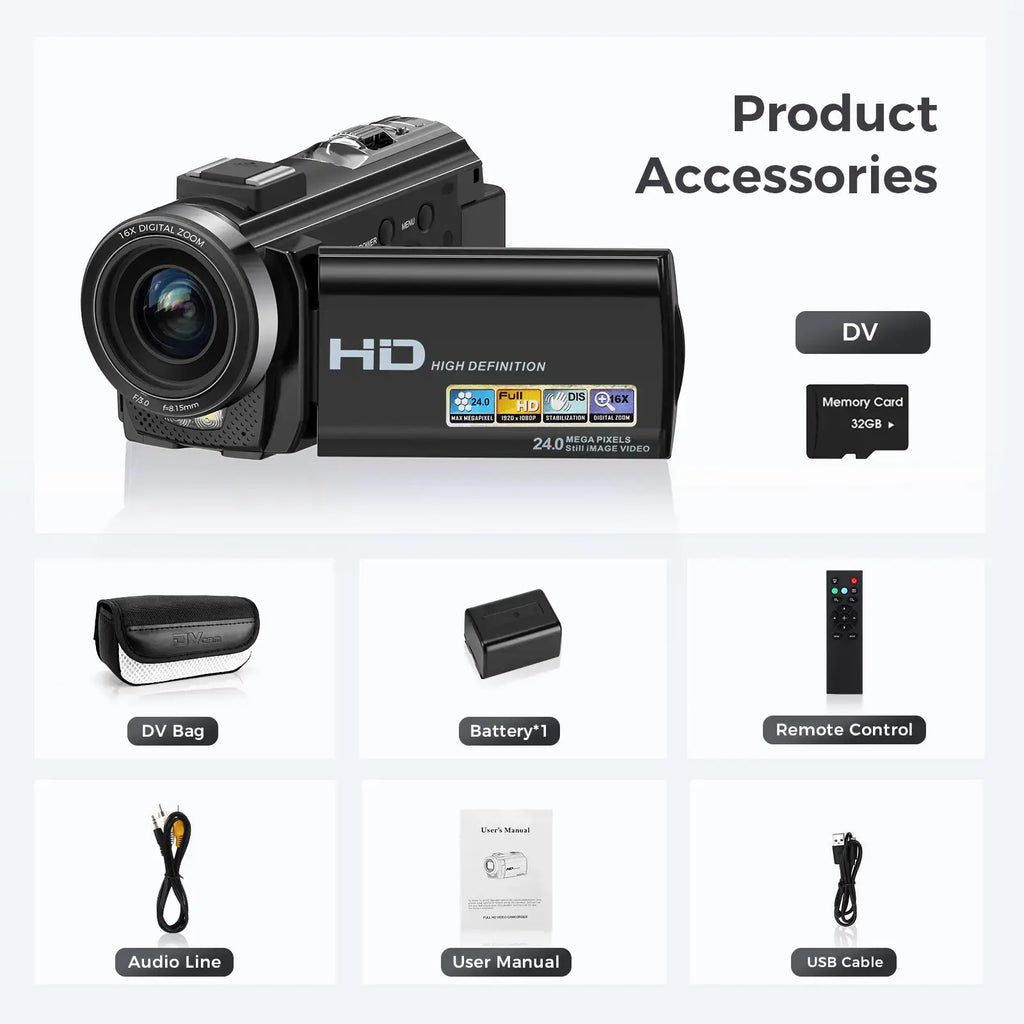 Video Camera Youtube Vlogging Camera Recorder FHD 1080P 24.0MP 3.0 Inch 270 Degree Rotation Screen 16X Digital Zoom Camcorder with Microphone,Remote Control