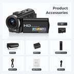 Video Camera Youtube Vlogging Camera Recorder FHD 1080P 24.0MP 3.0 Inch 270 Degree Rotation Screen 16X Digital Zoom Camcorder with Microphone,Remote Control