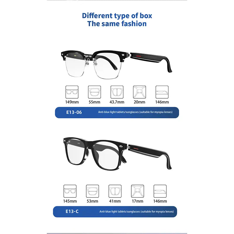 E13 Smart Glasses UV Protection Anti-Blue Light , Bluetooth Glasses Compatible for Men & Women , Black Multifunctional Wireless Sunglass , Wearable Digital Electronic Gadgets