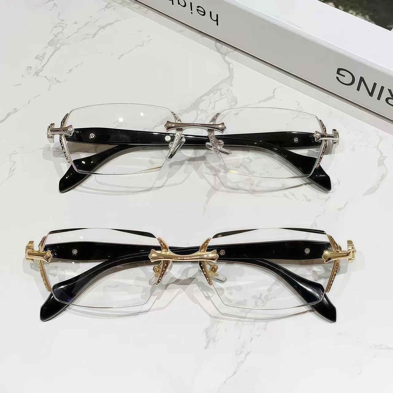 Frameless Reading Glasses with Clear Lenses, Diamond-Cut Edges & Fashion Metal Temple Decor, HD Vision for Reading, Computer Gaming, and Street Style, Unisex Women/Men Daily Springstatements