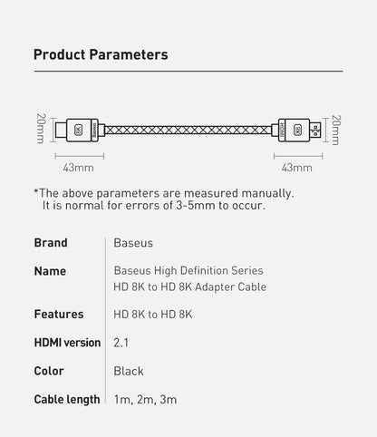 Baseus HDMI 2.1 8K Adapter Cable | Ultra HD 48Gbps | 3D, HDR, VRR, Dual Screen Modes – High Definition Series for PS5, TV, Mi Box, Projectors