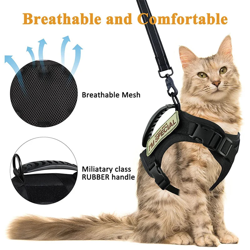 Escape-Proof Cat & Small Dog Harness Set – Adjustable Tactical Harness with Leash & Control Handle